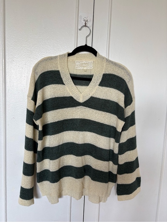 Pink Martini Sweaters - Striped V-Neck Men's Sweater in Cream and Dark Green